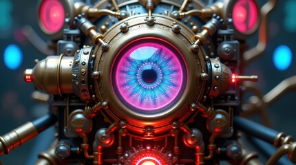 Fototapeta premium A close-up view of a complex mechanical robot eye with glowing neon pink and blue light effects.