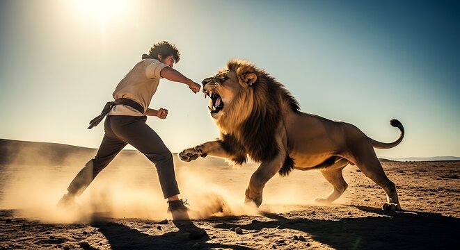 A man punching a roaring lion in a desert, action scene with dust