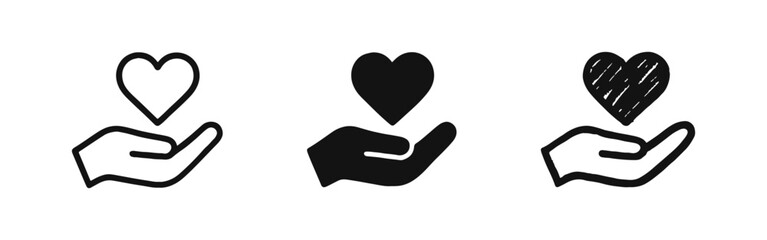 Obraz premium Charity and healthcare icons showing a hand holding a heart symbol in three styles.