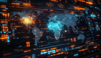 Fototapeta premium Futuristic digital world map interface with glowing data hotspots, holographic grid overlays, streaming metrics and a tense high-tech atmosphere