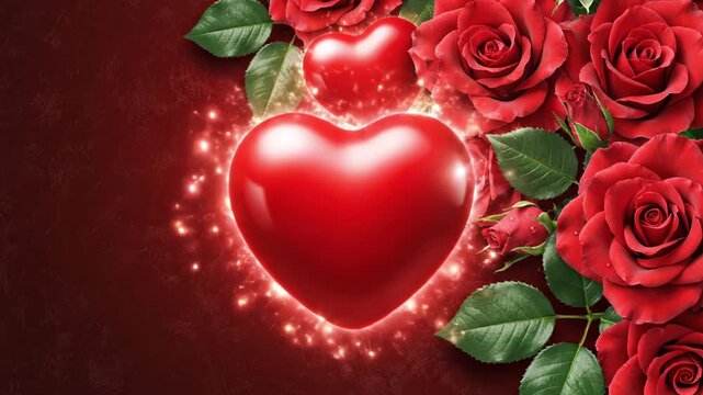 Red roses and green leaves frame the top and right edges of a dark red textured background with a single glossy red heart nestled among the detailed floral arrangement.