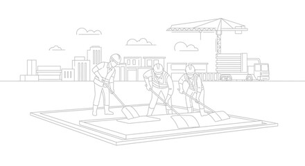Fototapeta premium Construction Workers Leveling Concrete on Building Site Line Art Illustration
