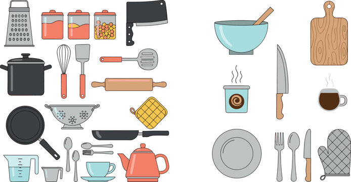 Kitchen tools and cooking utensils collection with cookware baking equipment and tableware flat vector illustration set