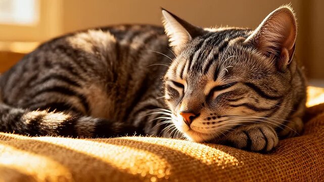 Gray tabby cat resting in sunlight