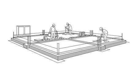 Obraz premium Line Art Illustration of Construction Workers Building a House Foundation Slab on White Background