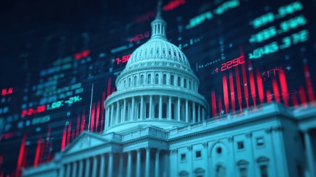 Close-Up View of the Capitol Building Surrounded by Financial Data Visualizations and Digital Elements