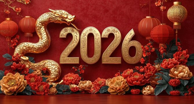 gold ornamental dragon coiling around embossed gold 2025 numbers amid red lanterns and abundant red and gold flowers on a textured red backdrop, festive and auspicious