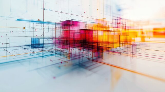 vibrant translucent 3d wireframe cubes and rectangular prisms in red orange and blue forming a dynamic futuristic digital grid with depth and energetic motion