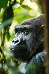 Obraz premium Close-up profile of a gorilla peering through green jungle foliage with soft sunlight, calm contemplative mood