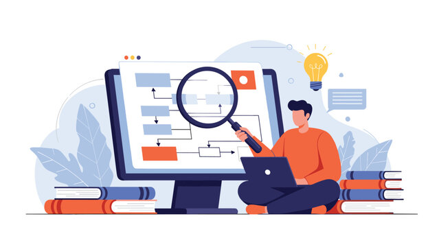 Analyst uses a magnifying glass to examine a complex workflow flowchart on a computer screen surrounded by educational books.