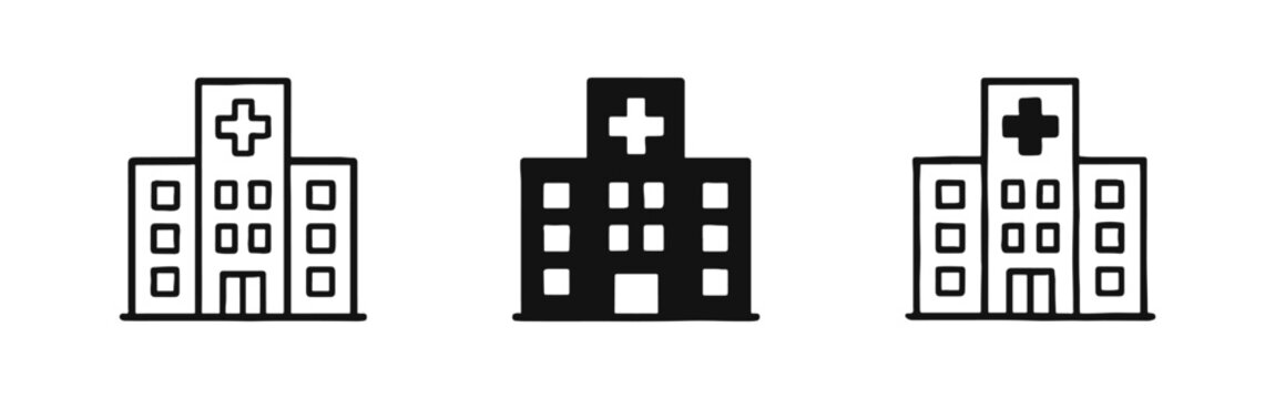 Hospital building icon set with medical cross, healthcare facility symbols in thin line, solid and hand drawn styles