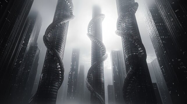 fog-shrouded futuristic skyline of towering cylindrical skyscrapers wrapped in spiraling helix ribbons, surrounded by rectangular glass towers, imposing and mysterious