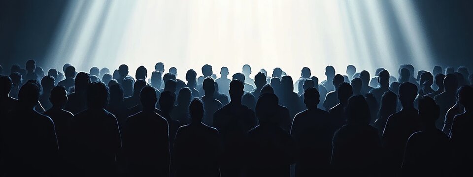 Backlit crowd of silhouetted figures facing intense overhead beams of light, evoking awe, anticipation and mystery