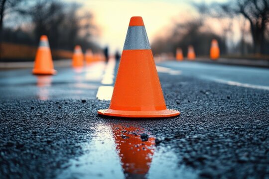 orange traffic cone on wet asphalt with puddle reflection and blurred row of cones on empty road conveying quiet caution