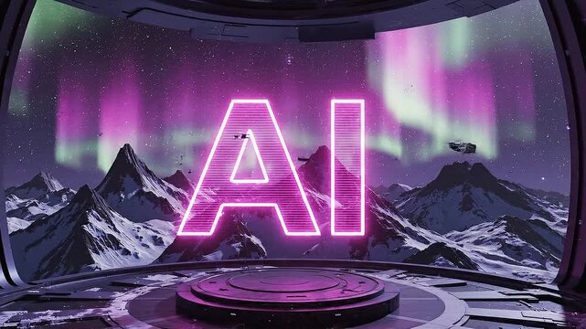 First person pov footage of ai logo glowing in magenta under a starlit sky with aurora