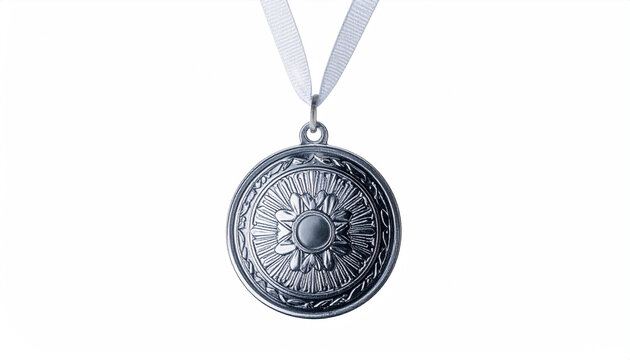 Ornate silver medal with intricate floral pattern and white ribbon