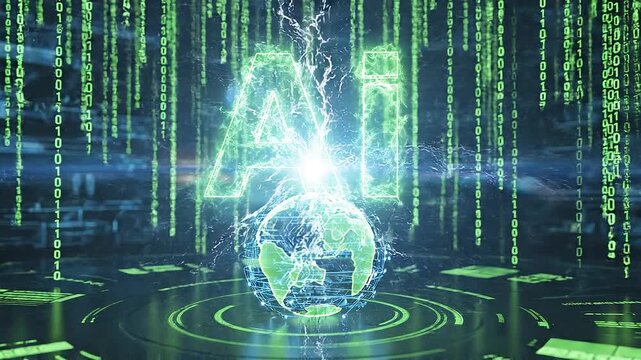 Futuristic ai text logo animation with holographic effects and glowing digital background