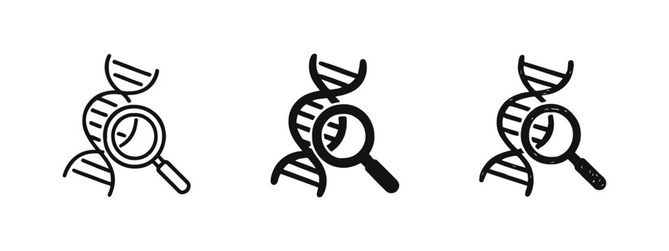 Genetic research and DNA analysis icons with magnifying glass inspecting double helix structure