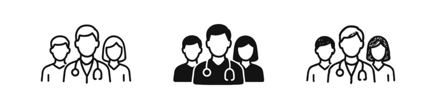 Healthcare professionals and medical team icon set representing doctors, nurses and medical staff