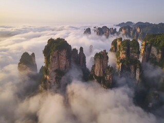 Fototapeta premium Chinese mountains rising above clouds with mist and sunlight, dramatic natural landscape with stone peaks and serene travel scenery.