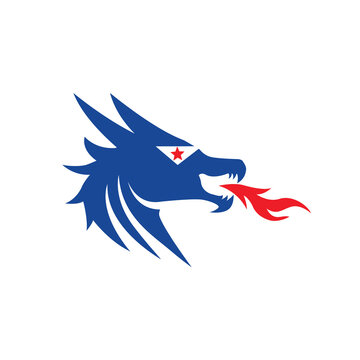 Dragon head spitting fire, on a white background. Logo vector design