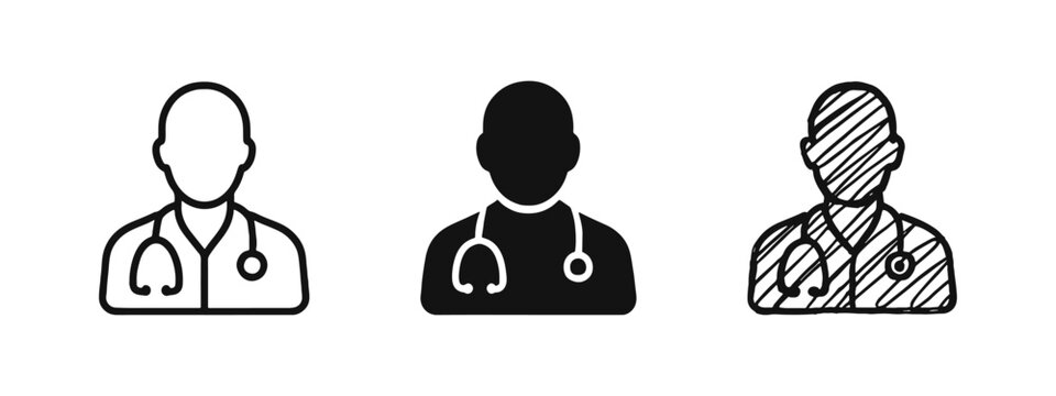 Professional doctor icon set featuring male physician avatar with stethoscope in various styles