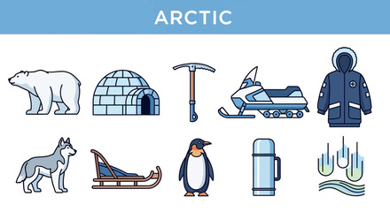 Collection of ten blue and white line art icons related to the Arctic region © Fauzan Adzima