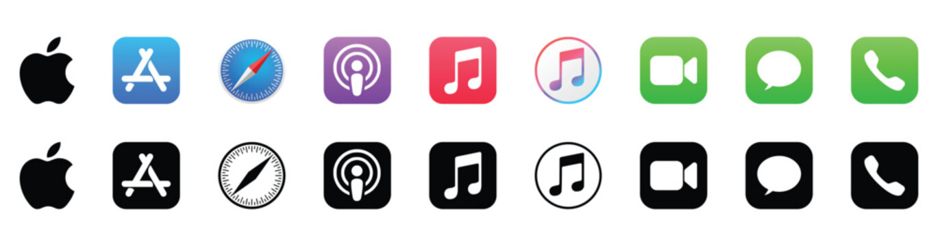 Collection of Apple application icons in color and silhouette vector illustration