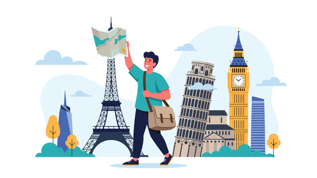 Enthusiastic traveler holding a map while standing among famous international monuments like the Eiffel Tower and Big Ben.