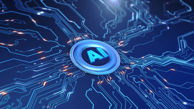 Human Hand click on Glowing AI Processor Chip Embedded in Futuristic Circuit Board. Artificial Intelligence CPU core powering a blue electronic circuit network. Concept of hardware machine learning.