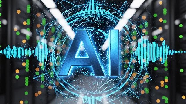 Glowing ai logo pulsing with digital data waves in a high tech server room data center background