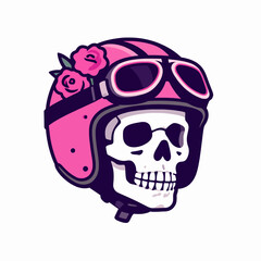 Obraz premium Flat vector illustration of a single skeleton biker head wearing a vintage leather helmet with pink roses and aviator goggles, edgy gothic aesthetic for motorcycling and floral tattoo concepts.