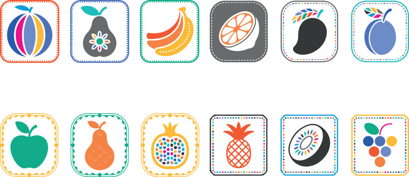 colorful fruit icons in square frames with decorative borders on white background