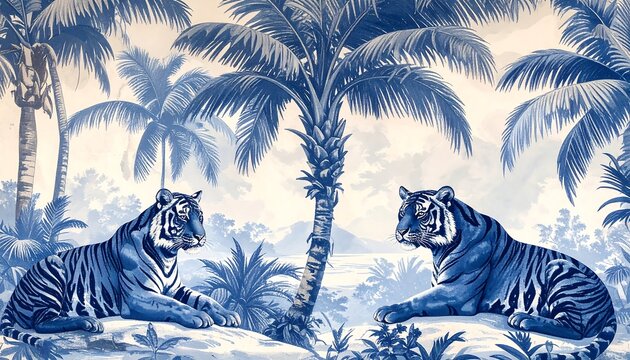 A blue and white illustration of two tigers under palm trees