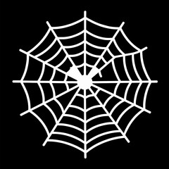 Obraz premium Minimalist white spider web icon, symmetrical flat vector illustration of an arachnid silk net for Halloween or nature concepts, isolated on black background, intricate geometric trap design.