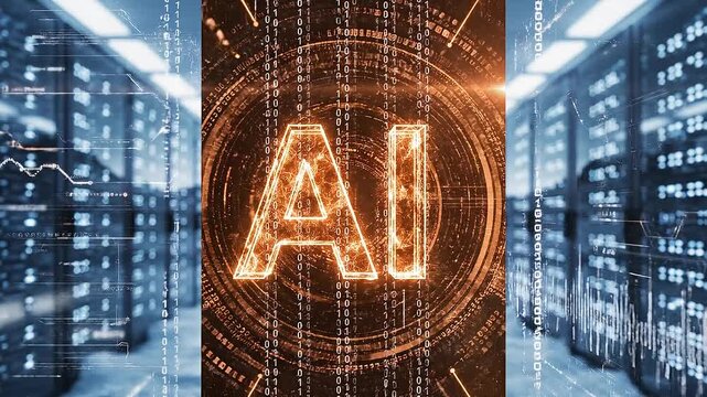 Glowing ai logo digital graphic overlay on modern server room background for tech concept