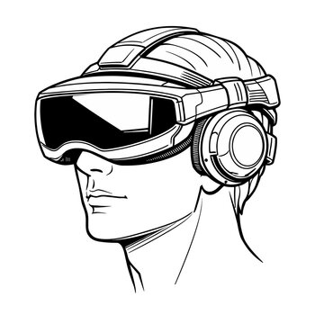 Line art illustration of a person immersed in a digital world, wearing advanced virtual reality headset and headphones for a futuristic experience