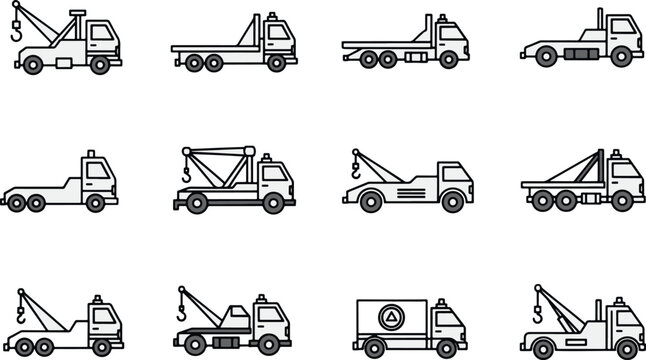 Professional collection of tow truck icons featuring various recovery vehicles, flatbeds, and wreckers for roadside assistance services.