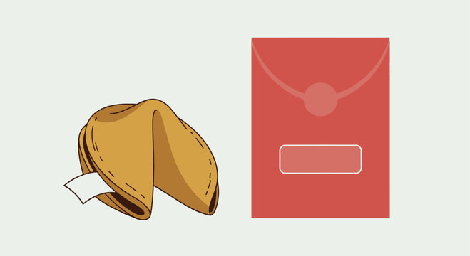 A flat vector illustration of a fortune cookie and a red envelope, traditional symbols of good luck and prosperity for Lunar New Year celebrations.