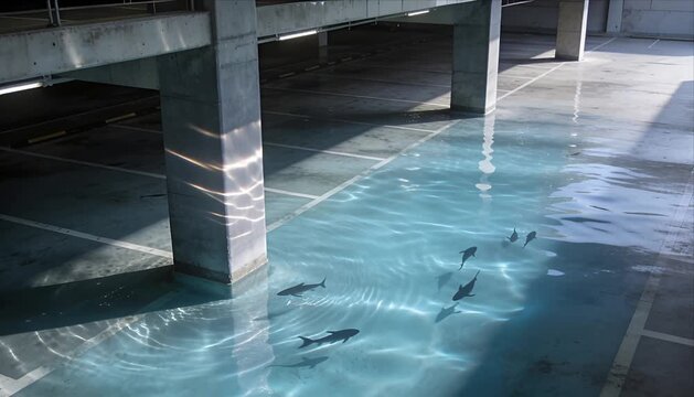 Underground parking concrete pillar calm water shark shadow surreal ocean reflection light empty space urban scene blue pool fantasy art parking garage pool shark concrete pillar reflection water