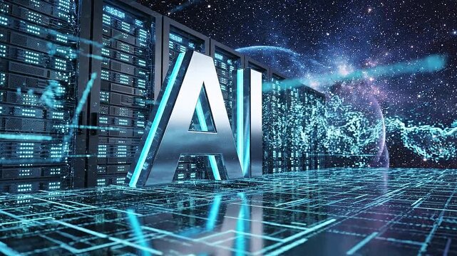 Side profile of metallic ai logo glowing in cyan light amidst futuristic server data center