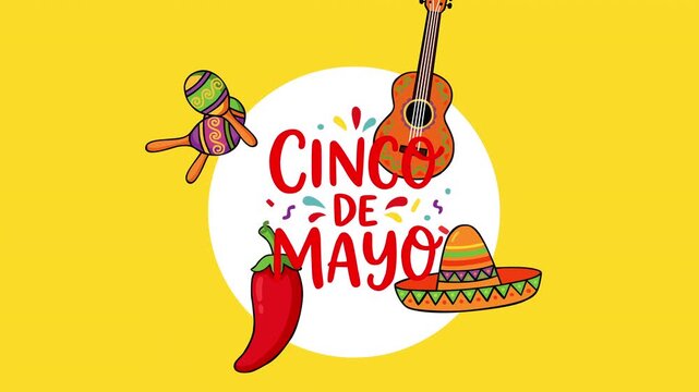 Bright Cinco de Mayo themed scene with guitar, maracas, chili pepper and sombrero on vibrant yellow background. Ideal for festive promotions, Mexican culture content and joyful party visuals.