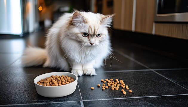 fluffy white long-haired cat staring at a bowl of kibble and scattered dry food on a dark kitchen floor, looking cautious and contemplative