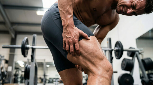 Muscular man grimaces in acute hamstring pain while working out in a well-equipped gym, clutching his leg