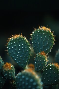 Close-up of green cactus pads dotted with glistening dew droplets and golden spines against a dark blurred background, evoking calm and freshness