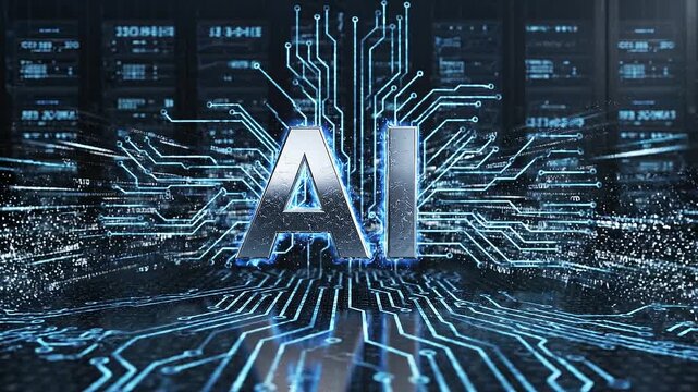Futuristic ai text logo animation with glowing blue digital effects in a 3d data center