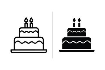 Two-tiered birthday cake with candles, presented in outline and solid silhouette vector illustration