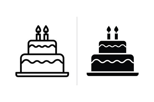 Two-tiered birthday cake with candles, presented in outline and solid silhouette vector illustration