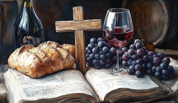 reverent still life with open book, wooden cross, crusty loaf of bread, clusters of grapes, bottle and glass of red wine on a rustic table