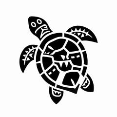 Obraz premium Single flat vector illustration of a Polynesian tribal sea turtle icon with black and white geometric patterns and shark tooth motifs, isolated on white background, Pacific Islander cultural art.